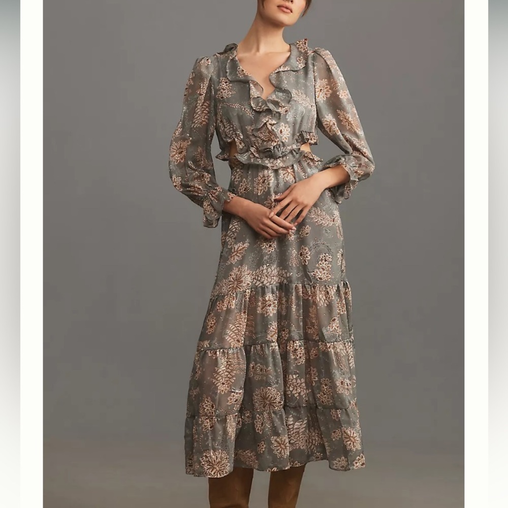 Anthropologie Floral Ruffle Midi Dress - Gray
